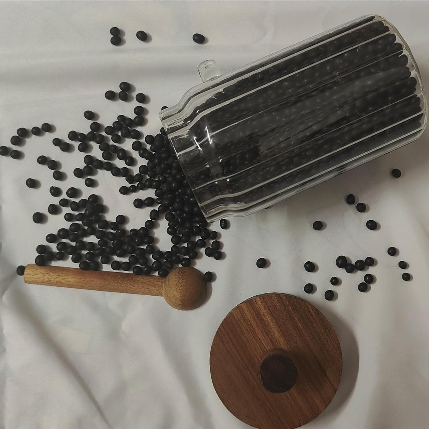 Glass Food Storage Jars with Handles Wood Lid and Spoon, 25 oz Glass Kitchen Canisters for Coffee, Tea, Cereal, Spice and Canning, Mason Jars, Cute Jar