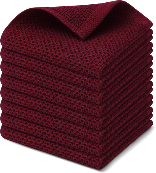 Kitinjoy 100% Cotton Kitchen Dish Cloths, 8 Pack Waffle Weave Ultra Soft Absorbent Dish Towels for Drying Dishes Quick Drying Kitchen Towels Dish Rags, 12 X 12 Inches, Burgundy