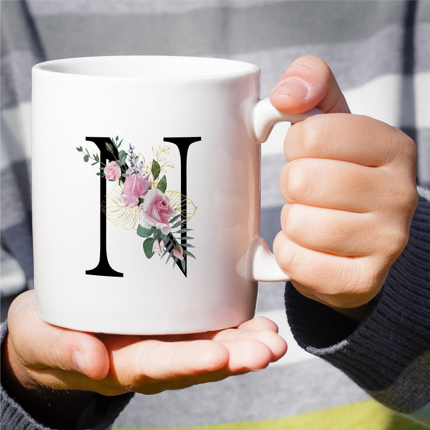 Retreez Initial A-Z Floral Botanical Bouquet Alphabet Monogrammed Monogram Mug 11 Oz Ceramic Tea Coffee Mugs - Appreciation Thank You Wedding Birthday Gifts for her friend coworker sister - N Initial