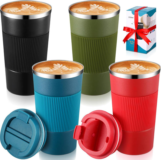 Sabary 4 Pack 16 oz Bulk Travel Coffee Mug with Lid Reusable Vacuum Insulated Coffee Tumbler Double Wall Thermal Stainless Steel Camping Tea Cup for Christmas Winter Drinks Employee Gift(Multicolor)