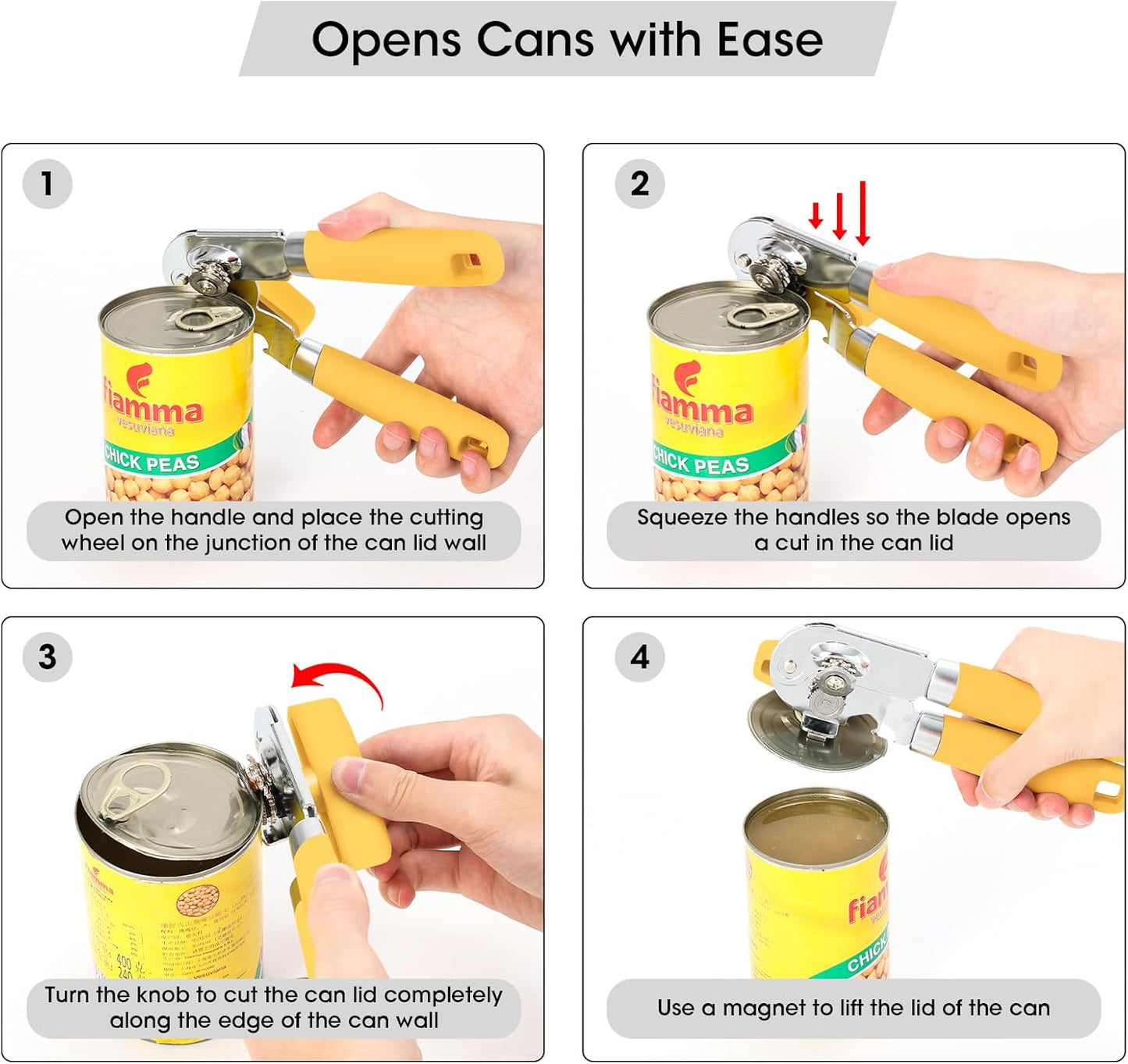 Beneno Can Opener Manual with Magnet, Hand Held Heavy Duty Can Opener with Durable Sharp Blade Smooth Edge, Big Effort-Saving Knob, Soft Grip Rubber Handle, Multifunctional Bottle Opener, Yellow
