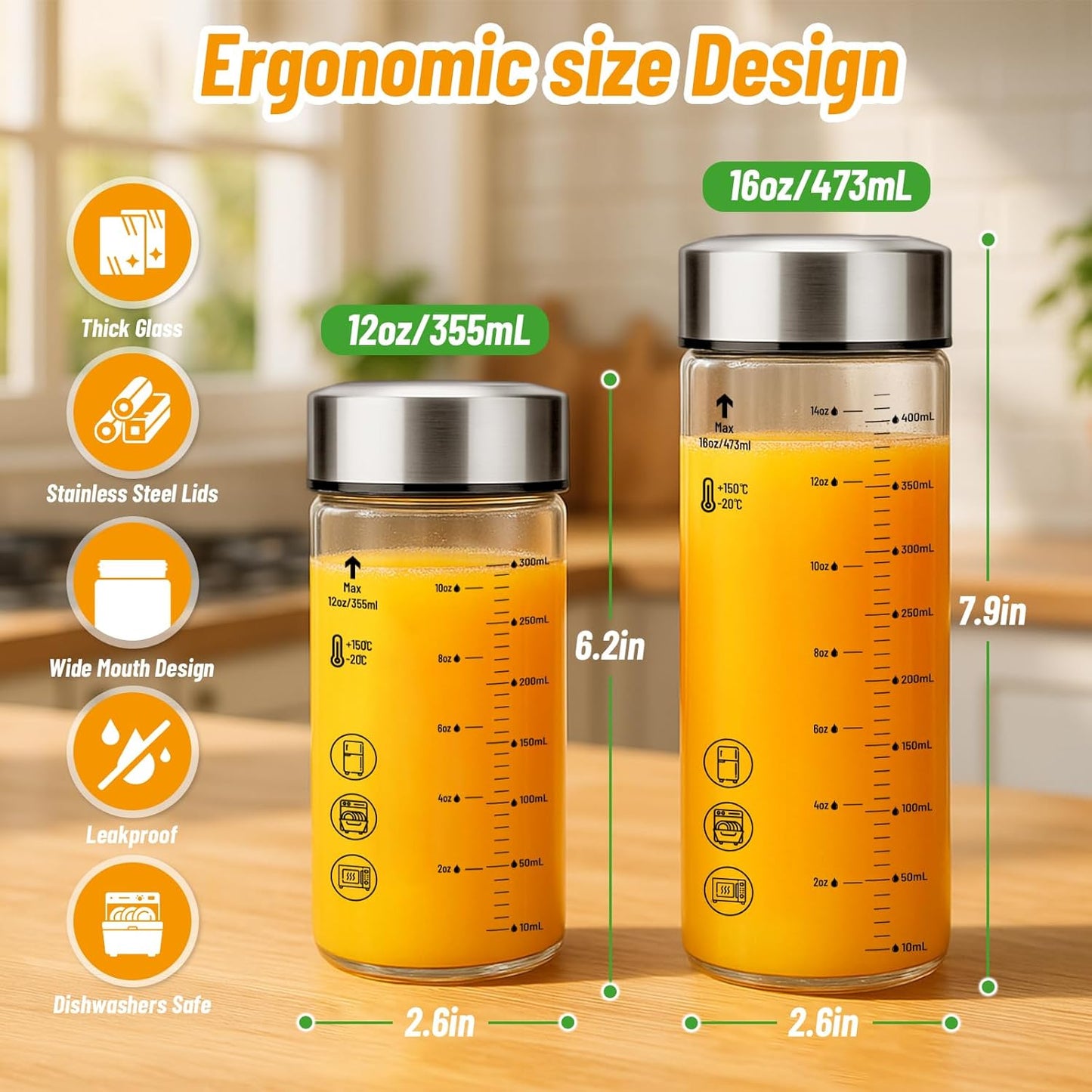 16oz Glass Water Bottles with Lids, 4 Pack Reusable Wide Mouth Juice Bottles with Stainless Steel Caps, Leakproof Borosilicate Glass for Juicing, Smoothies & Storage, BPA-Free,Dishwasher Safe