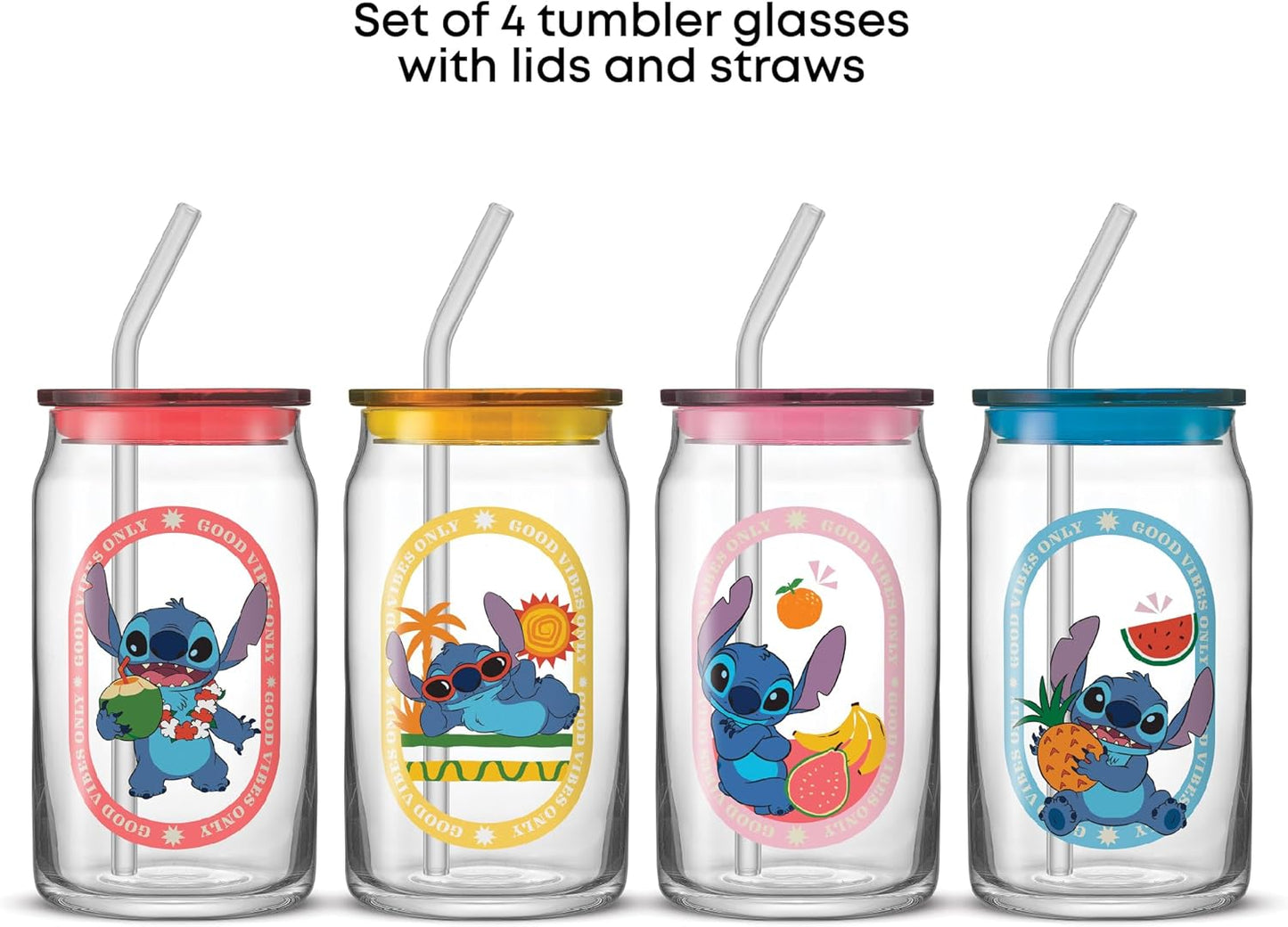 JoyJolt Disney Stitch Island Vibes Glass Tumblers with Lids and Straws, 16oz Glass Cups with Lids and Straws, Can Shaped Drinking Glasses Set of 4, Stitch Stuff, Disney Gifts for Adults