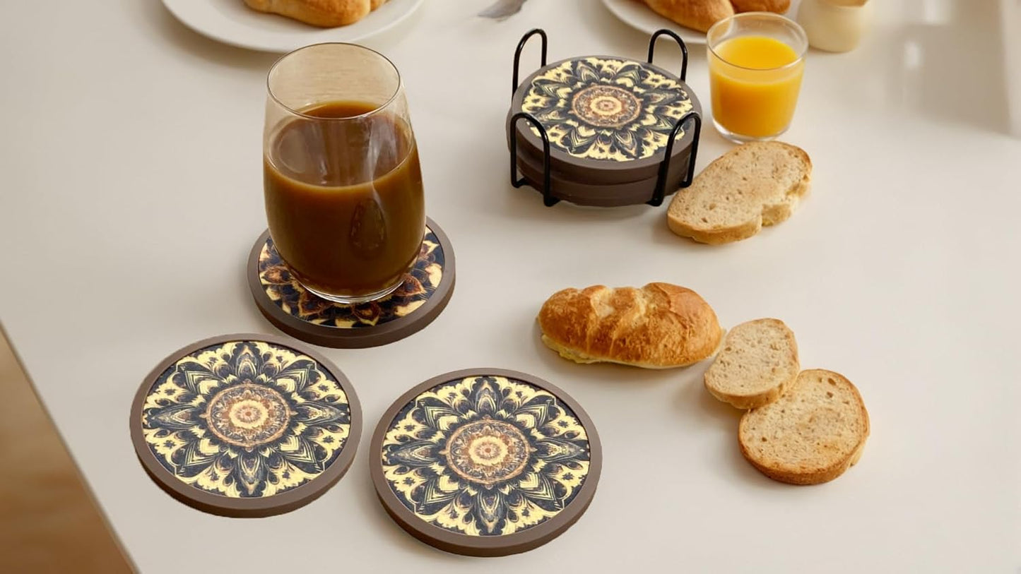Absorbent Coasters for Drinks with Holder - 6packs, Silicone Coaster with Soft Felt Insert (4.3 inch Coasters with 4.5 inch Holder, Dual-Sided Mandala -Themed Patterns)