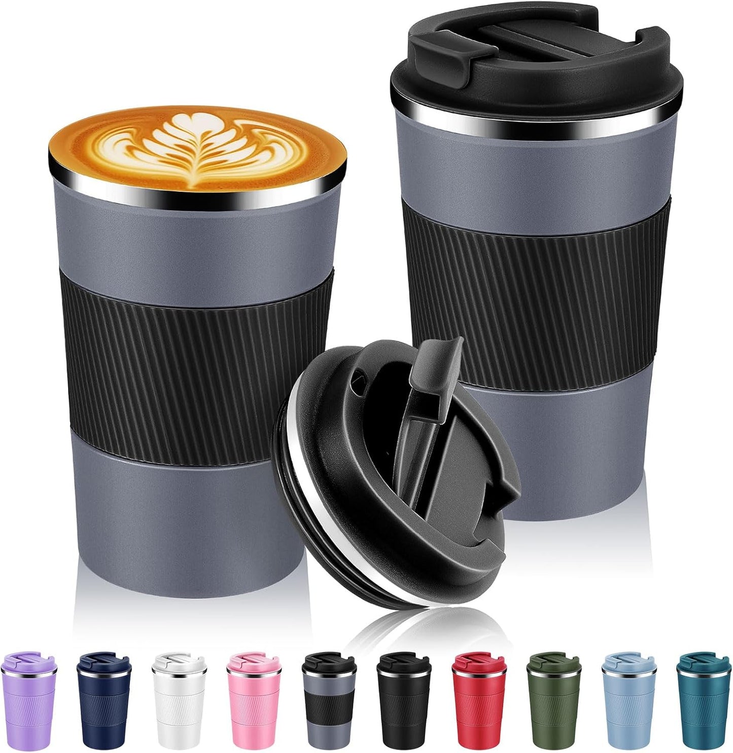 Volhoply 13 oz Stainless Steel Insulated Travel Coffee Mug with Fip Lid Bulk 2 Pack,Reusable Double Wall Vacuum Metal Coffee Cup,Portable Leak Proof Thermal Tumbler for Hot & Cold Drinks(Gray,2)