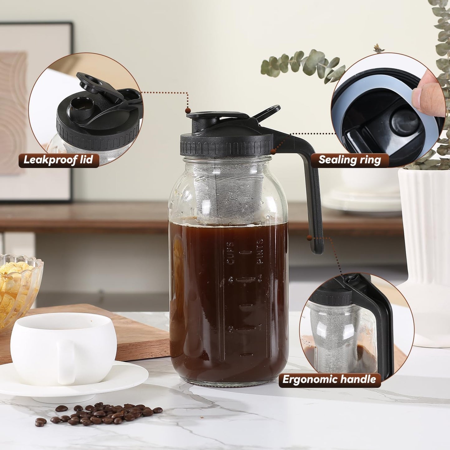 Cold Brew Coffee Maker Pitcher 64-ounce Glass Wide Mouth Mason Jar with Stainless Steel Filter and Pour Spout Handle Lid (Black, 64Ounce)