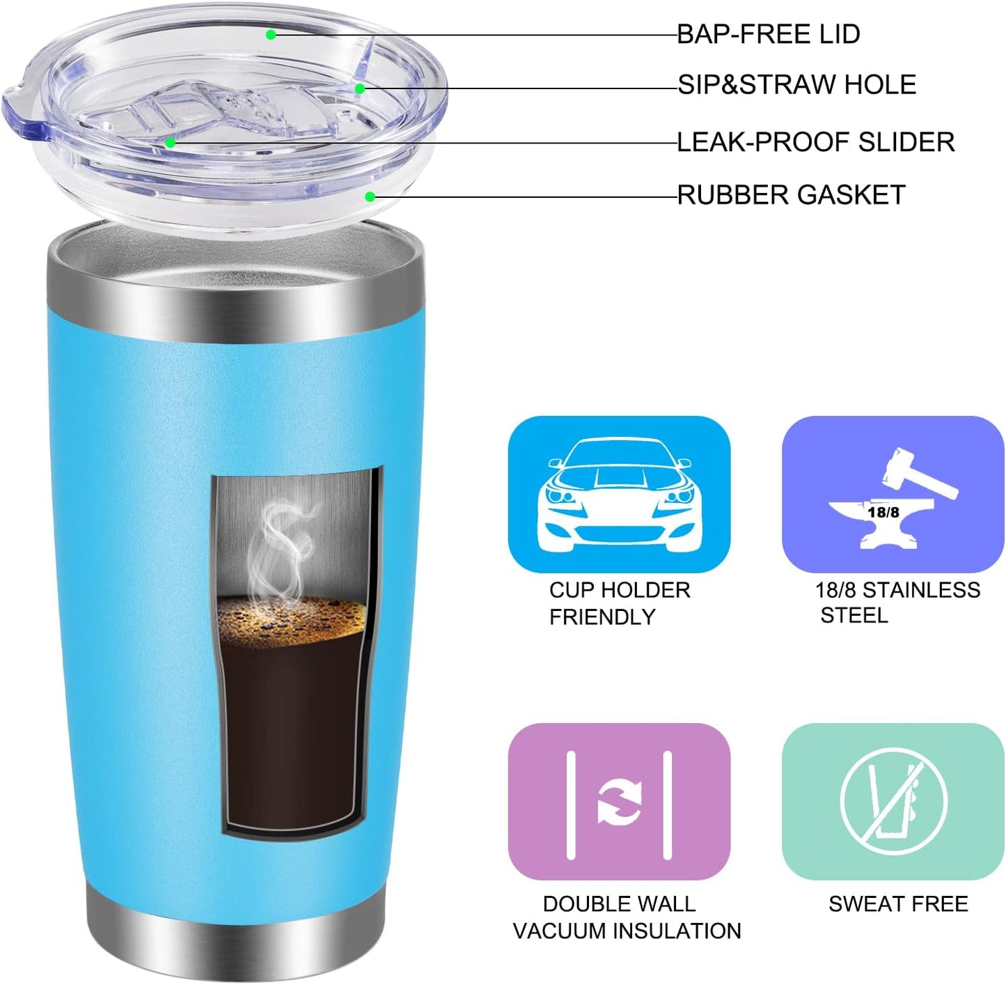 VEGOND 20oz Tumbler with Lid and Straw Stainless Steel Tumbler Cup Bulk Vacuum Insulated Double Wall Travel Coffee Mug Powder Coated Coffee Cup(Sky Blue 12 Pack