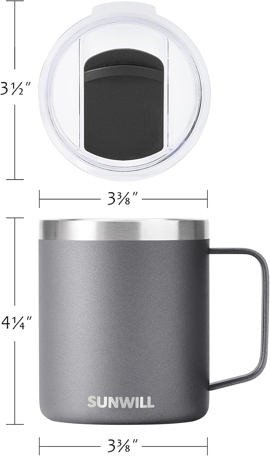 SUNWILL Travel Coffee Mug with Lid, Insulated Tumbler with Handle, 14 oz Stainless Steel Cup for Ice, Water, Tea, Powder Coated Cool Grey