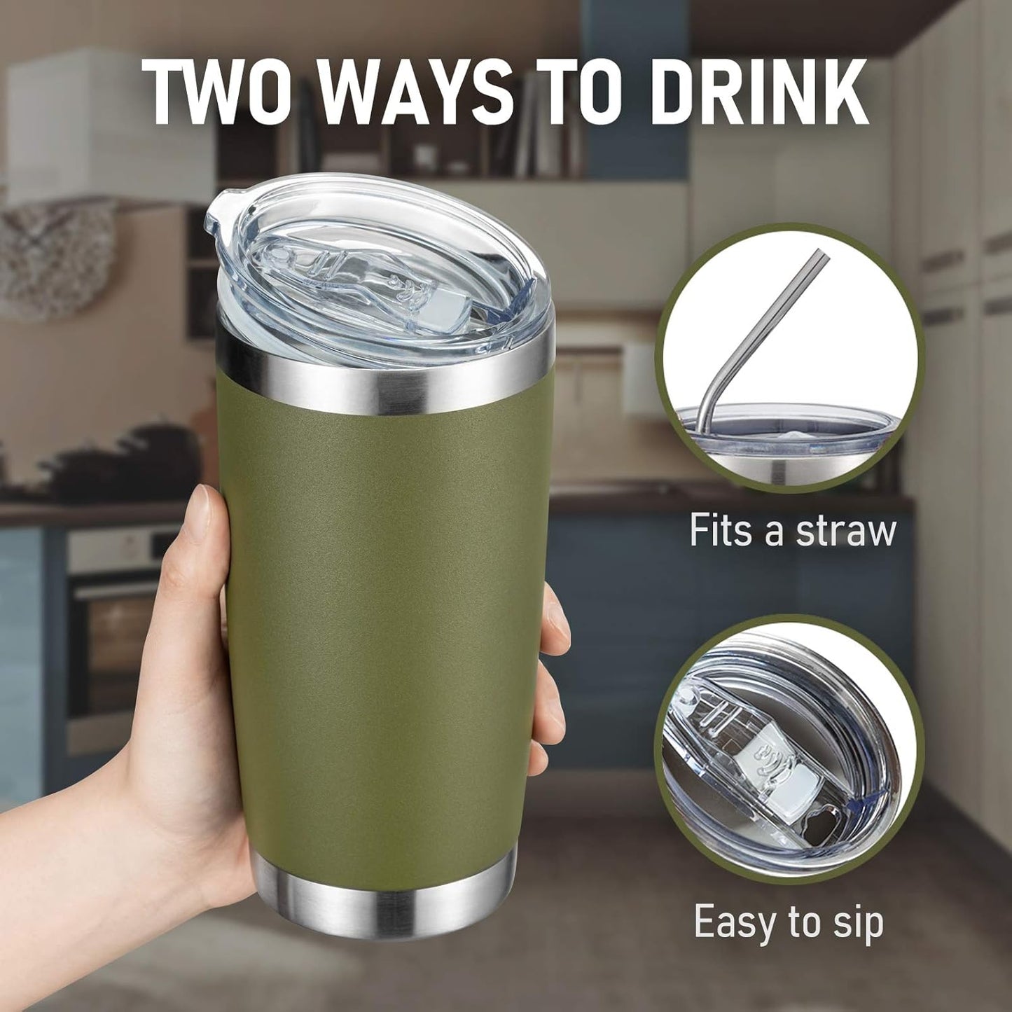 COMOOO 20oz Double Wall Vacuum Insulated Travel Mug, Stainless Steel Tumbler with Lid and Straw Durable Powder Coated Insulated Coffee Cup for Cold & Hot Drinks（Army Green, 6 Pack）