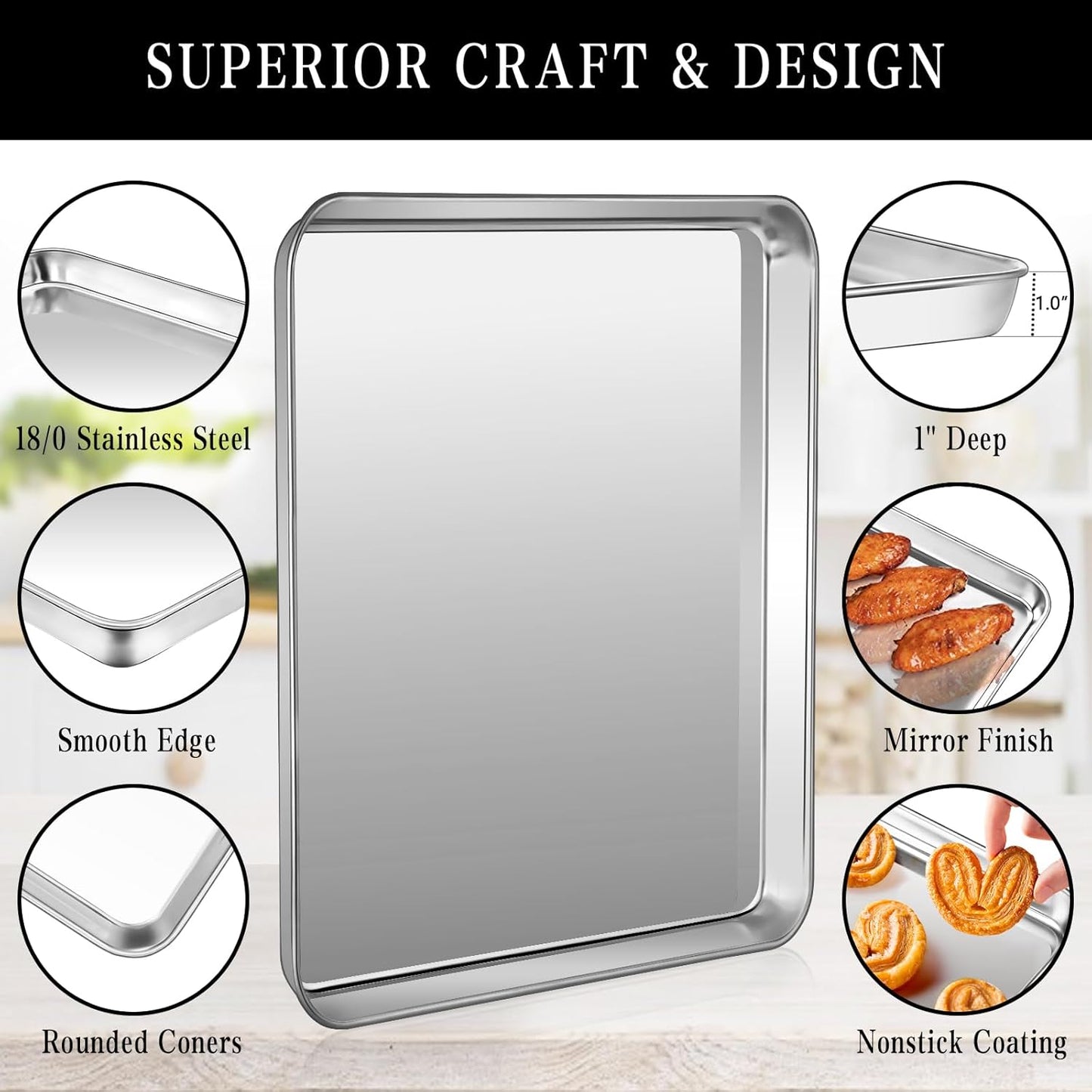 Stainless Steel Baking Sheet Set, 2 Pcs Cookie Sheet Pan Baking Trays for Oven, Non Stick and Heavy Duty and Easy Clean, 15.9 x 12 x 1 Inch