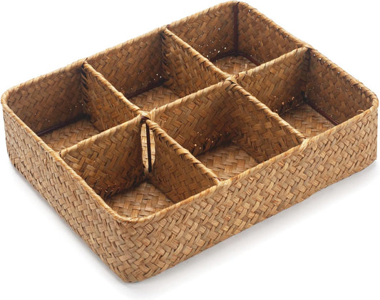 Tea Bag/Sugar Packet Holder, Coffee Station Condiment Organizer, Seagrass Storage Basket, Wicker Rattan Divided Basket Organizer for Drawer/Shelf/Countertop