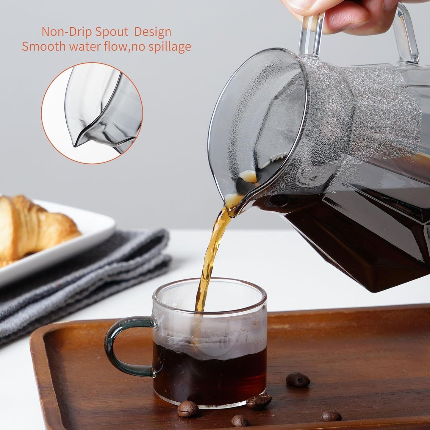 Pour Over Coffee Maker Set, 21 oz/620ml Glass Pour Over Coffee Dripper Filter Coffee Maker Kit Manual Grinder with Walnut Handle for Home Office Cafe Restaurant Camping (Grey)