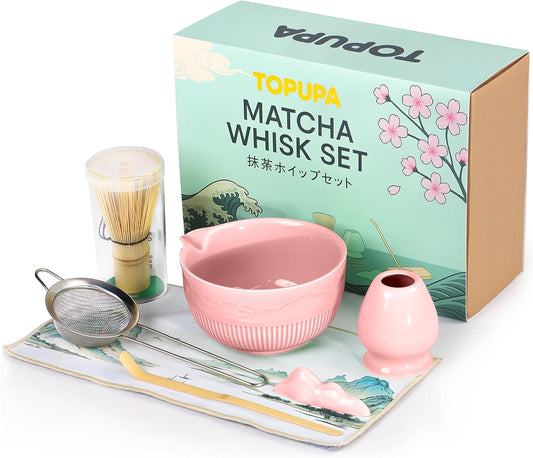7PCs Matcha Whisk Set Traditional Japanese Matcha Kit with Ceramic Bowl Bamboo Chasen Tea Spoon Holder Sifter Tea Towel Ceremony Matcha Tea Making Tools Green Tea Set for Beginners
