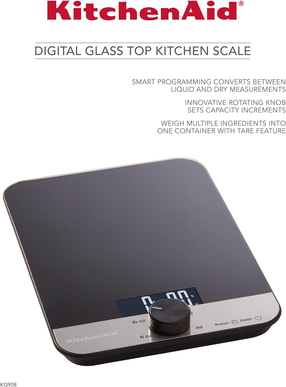 KitchenAid KQ908 Glass Surface 11 Pound Capacity Digital Kitchen and Food Scale, Scale for Food Ounces and Grams, Dry and Liquid Ingredients, Black