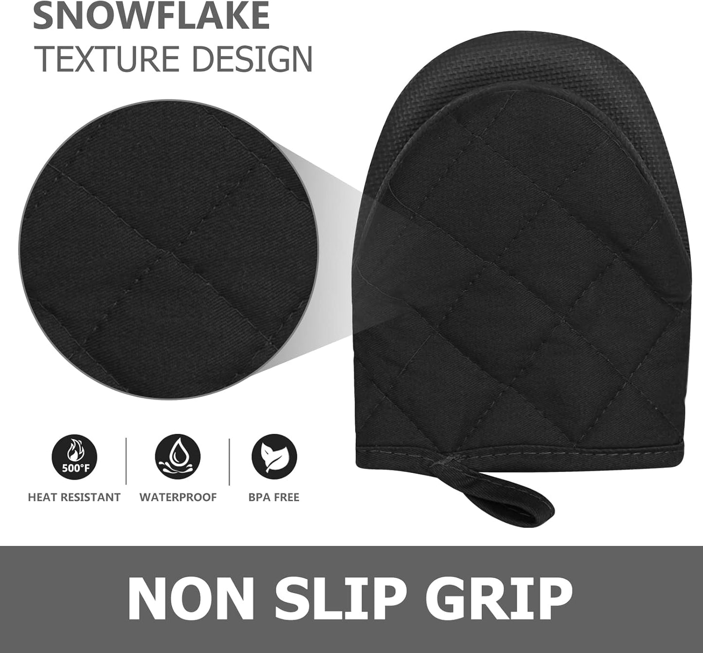 Qulable 1 Pair Short Oven Mitts - Silicone Kitchen Oven Gloves High Heat Resistant 500℉, Mini Oven Mits with Non-Slip Grip Surfaces and Hanging Loop for BBQ, Baking, Cooking and Grilling (Black)