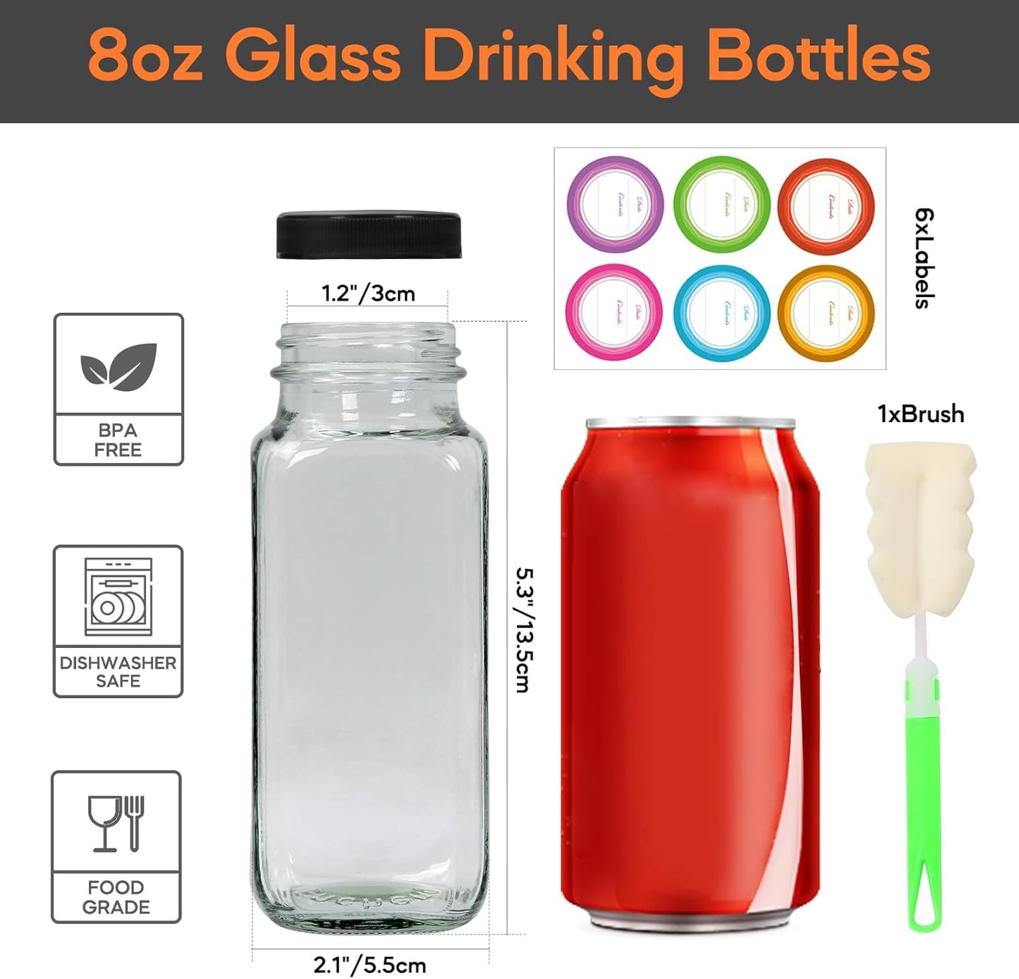 STARSIDE 8 oz Glass Juice Bottles with Lids 6 Pack - Square Reusable Drinking Jars for Juicing, Milk, Kombucha - Includes 1 Bottle Brush, 6 Colored Labels