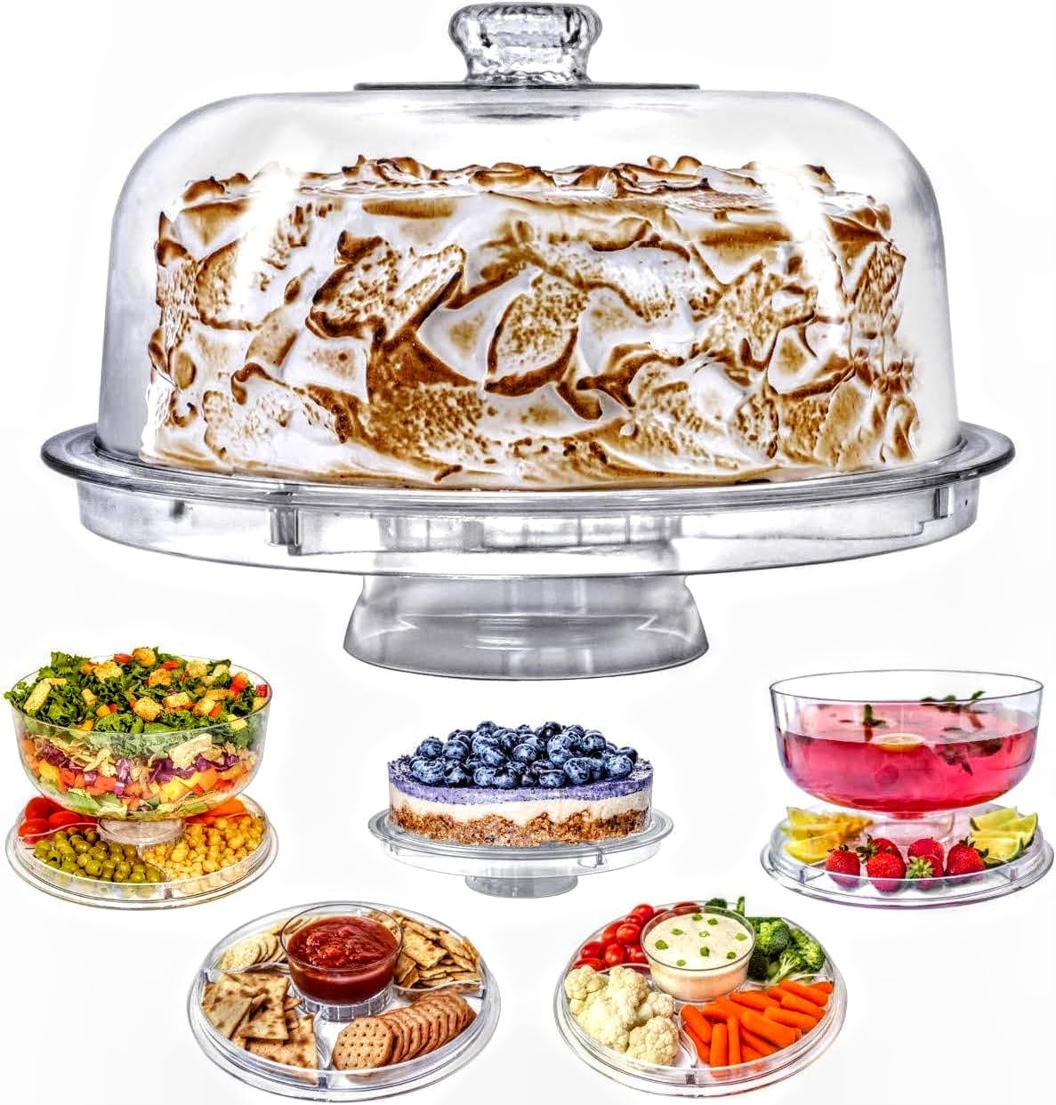 Cake Stand with Dome Cover, 6-in-1 Multi-Purpose Use, Cake Stand with Lid, Serving Platter, Punch Bowl, Desert Platter and More, BPA Free