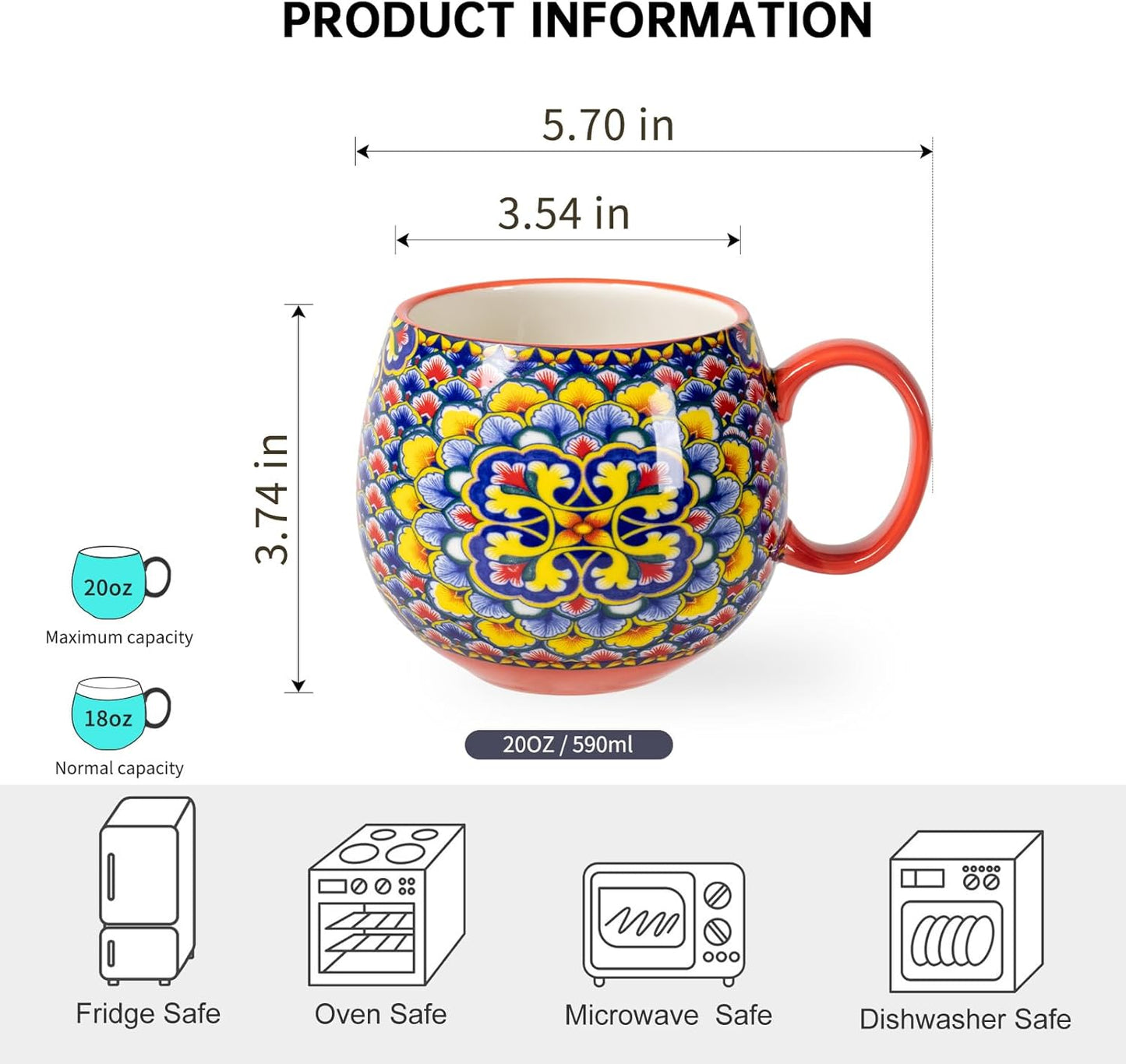 HENXFEN LEAD Boho Coffee Mugs 20 Ounce - Porcelain Cups for Latte, Tea, Cappuccino, Cocoa, Soup, Dishwasher, Microwave Safe, Christmas Gift Set of 6 - Bohemian Style