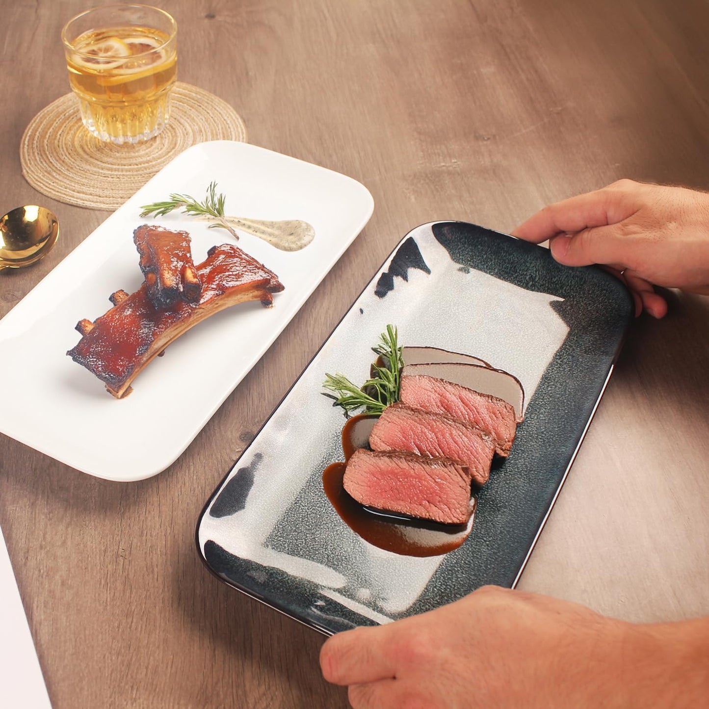 Serving Platters Set of 4, Rectangular Serving Plates, Serving Trays for Entertaining Party, Microwave,Oven,Dishwasher Safe,Kitchen Dinnerware, Blue reactive glaze 12.7 Inch