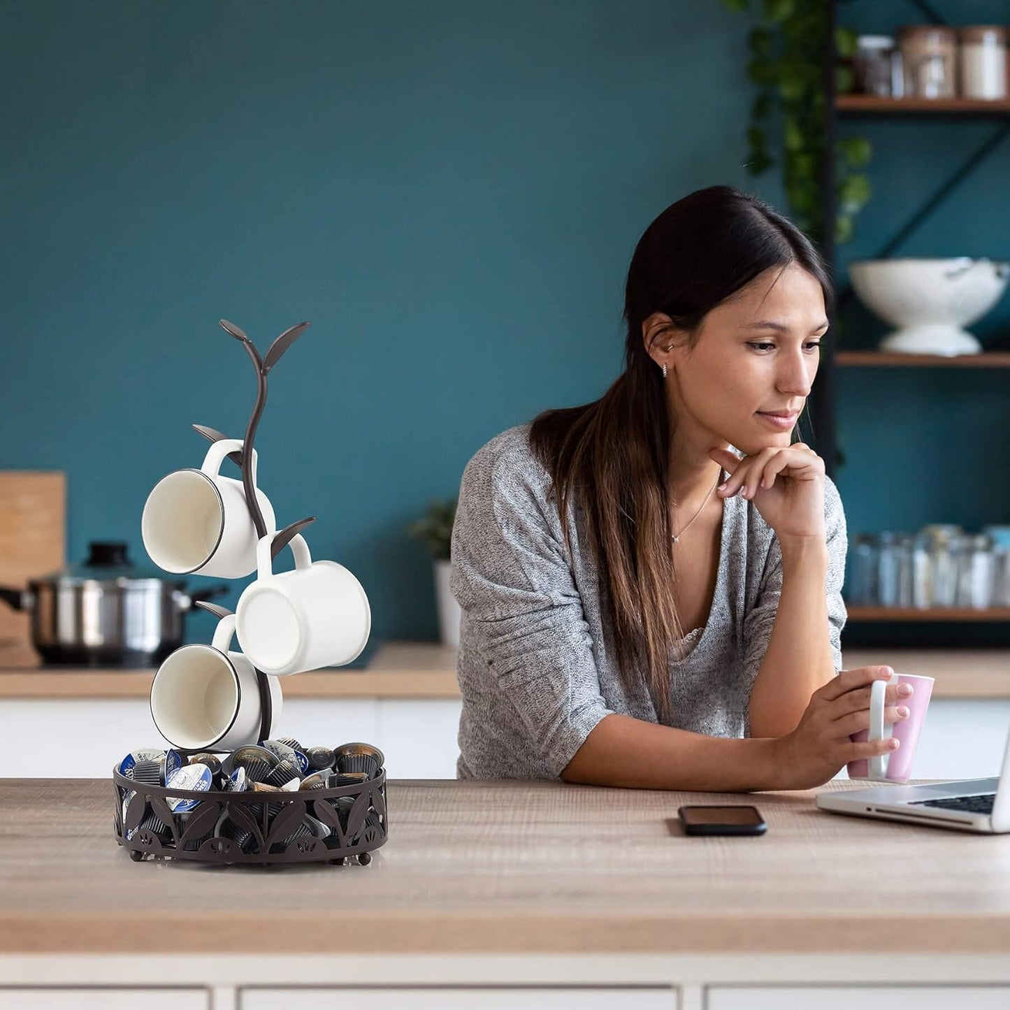 ALLCENER Mug Holder Stand, Countertop Mug Tree, Coffee Pod Holder with Mug Rack, Coffee Counter Bar Accessory & Kitchen Organizer