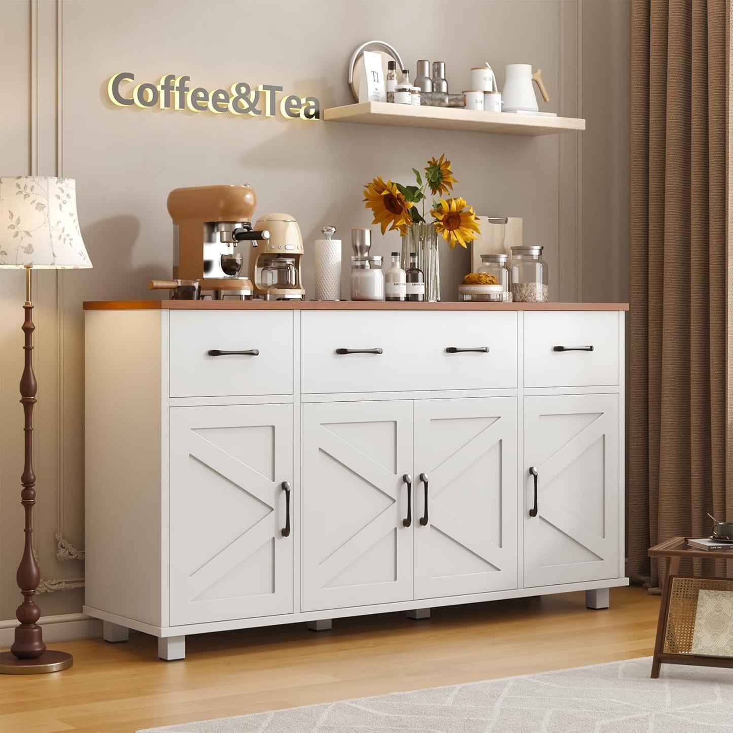 55" Sideboard Buffet Cabinet with Storage, Coffee Bar Cabinet with 3 Drawers and 4 Barn Doors, Long Storage Cabinet Modern Farmhouse, White Wood, for Kitchen, Dining Room, Living Room