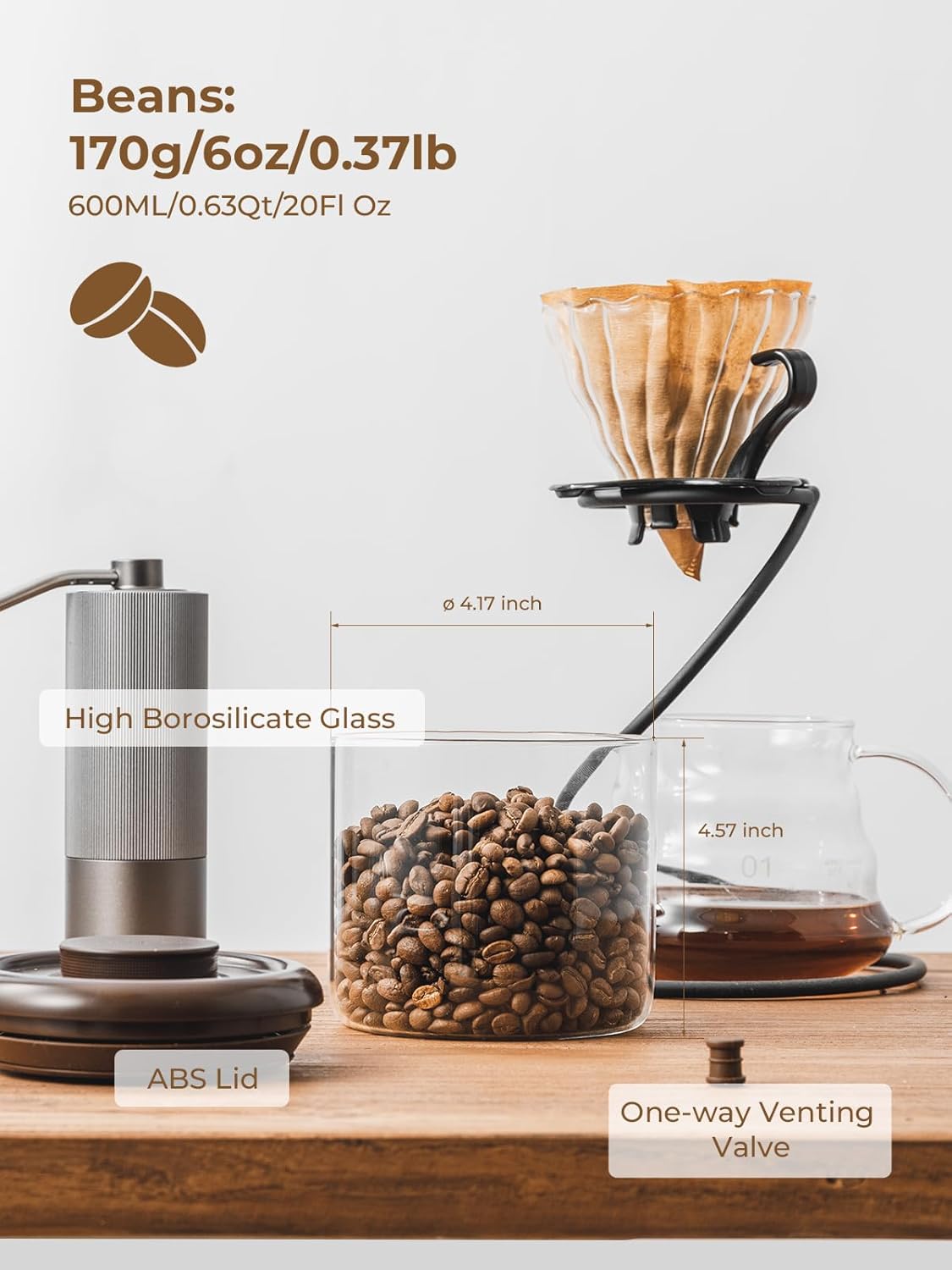 Borosilicate Glass Coffee Jar 600 ml – Pop Top Airtight Coffee Canister with CO2-Release Valve, 7 Oz Coffee Container for Ground Coffee, Brown