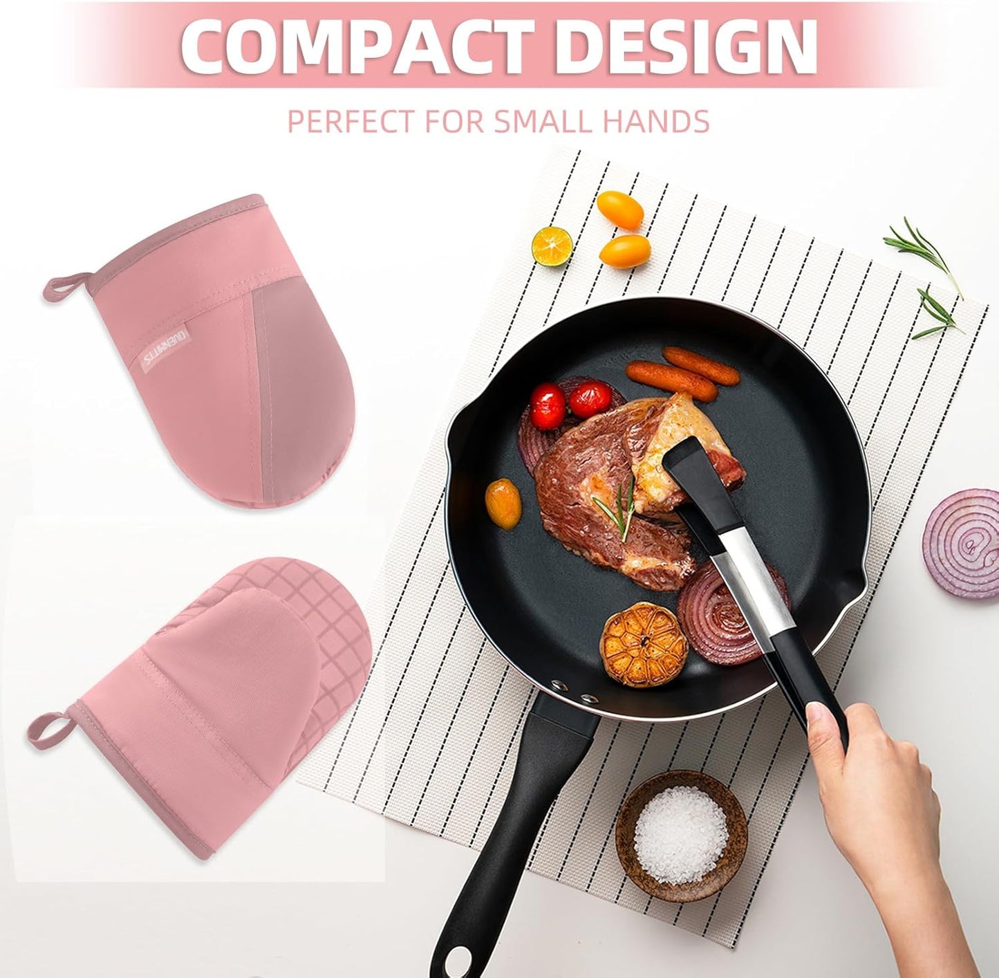 Mini Oven Mitts, Kitchen Oven Gloves Kitchen Mittens 500 Degrees Heat Resistant Baking Gloves, Non-Slip Silicone Surface with Hanging Loops Hot Gloves for Cooking, Baking, BBQ 1 Pair-Pink