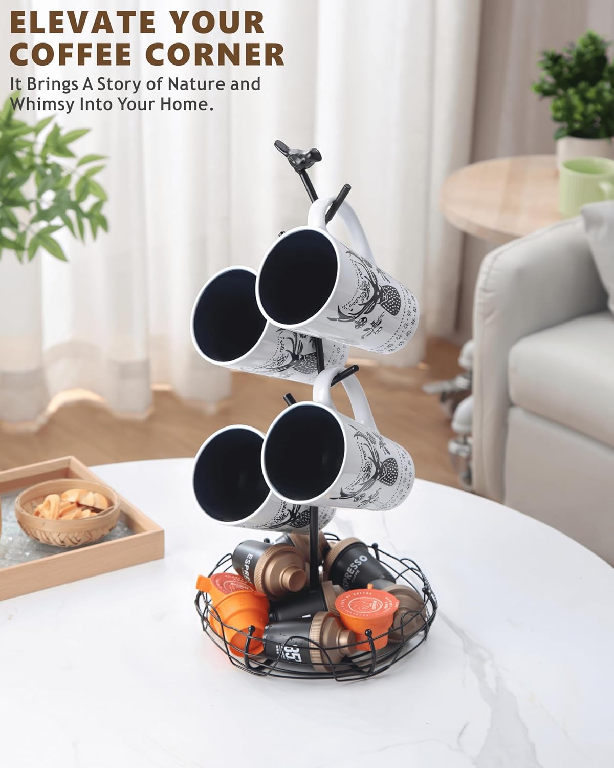 Coffee Mug Holder for Countertop, Mug Tree with Bird's Nest Storage Basket, Holds 4 Large Mugs (20oz Compatible), Whimsical Kitchen Decor, Coffee Bar Accessories (Black)