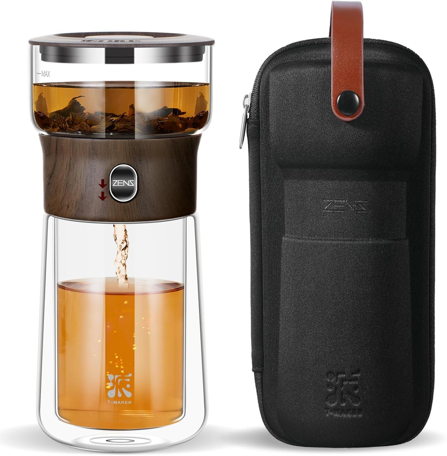 ZENS Modern Glass Infuser Teapot, One Touch Tea Maker for Loose Leaf Tea with Insulated Mug and Portable Case. Enchanted Pot Alternatives for Tea Lover Gifts