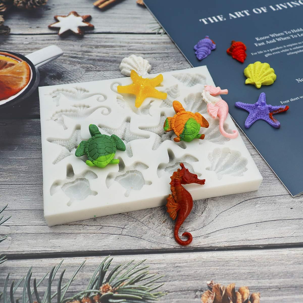 Sakolla Marine Theme Fondant Silicone Molds, Seashell, Conch, Seahorse, Starfish, Tortoise Silicone Mold for Cake Decoration, Chocolate Candy Sugar Craft