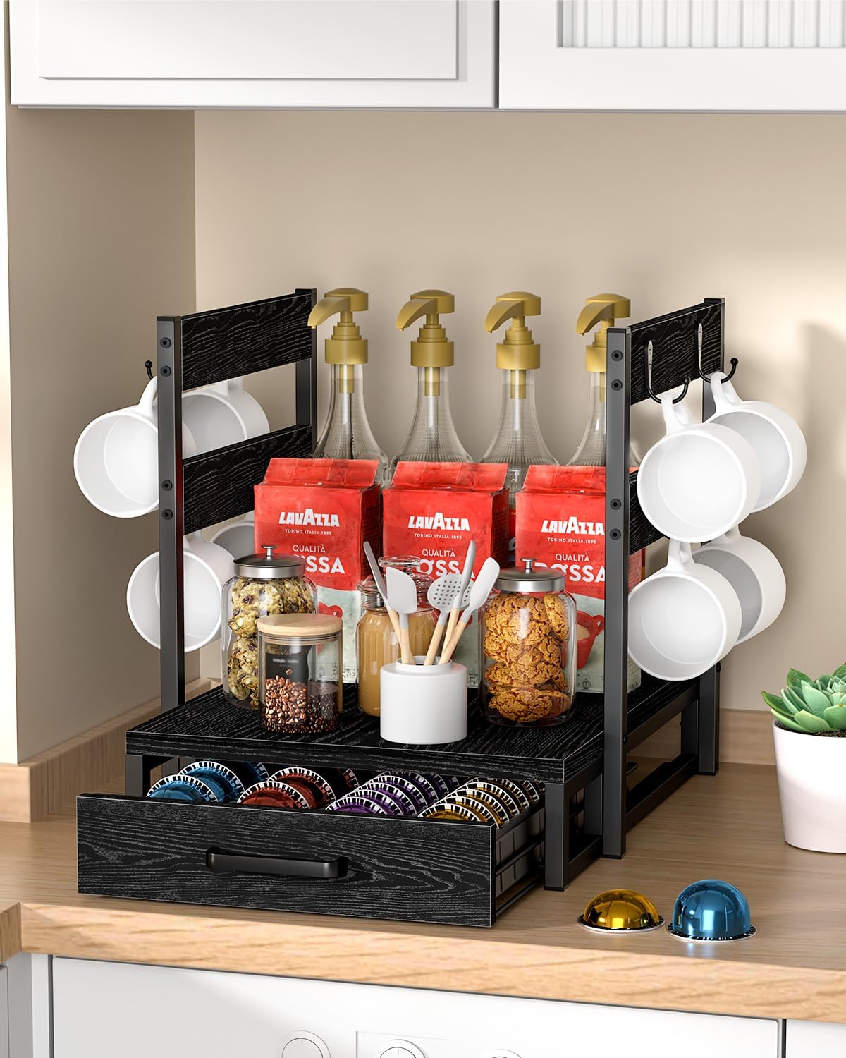 Coffee Pod Holder Compatible with Nespresso, Vertuo Pod Holder for 56 Small or 28 Large, Nespresso Capsule Organizer Drawer Coffee Maker Station with Cup Rack, Black