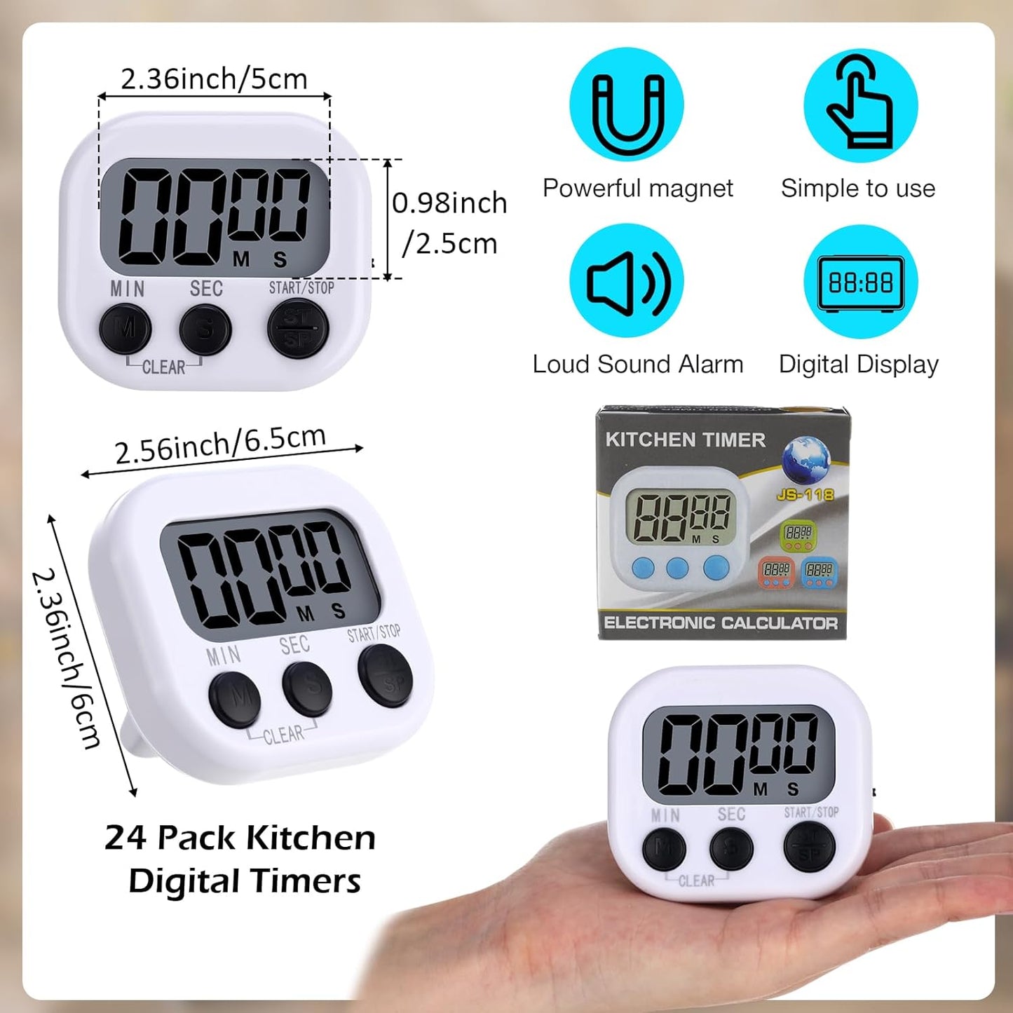 Leumoi 24 Pcs Digital Kitchen Timers Magnetic Back Timers Bulk Large Screen Loud Alarm On/Off Switch Minute Second Count up Countdown Memory Setting for Cooking Classroom Exercise (White and Black)