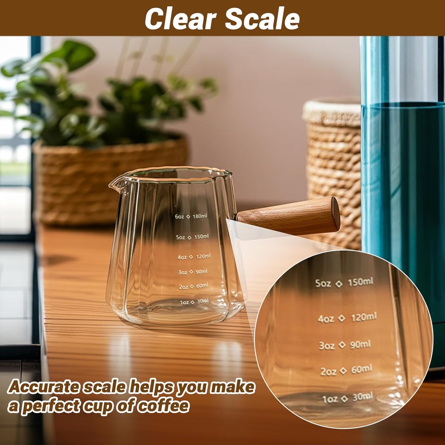 Espresso Measuring Cup 6 Oz, Espresso Glass Cups with Wood Handle, Milk Frothing Cup, Espresso Cup for Coffee, Milk, Tea or Maple Syrup Serving