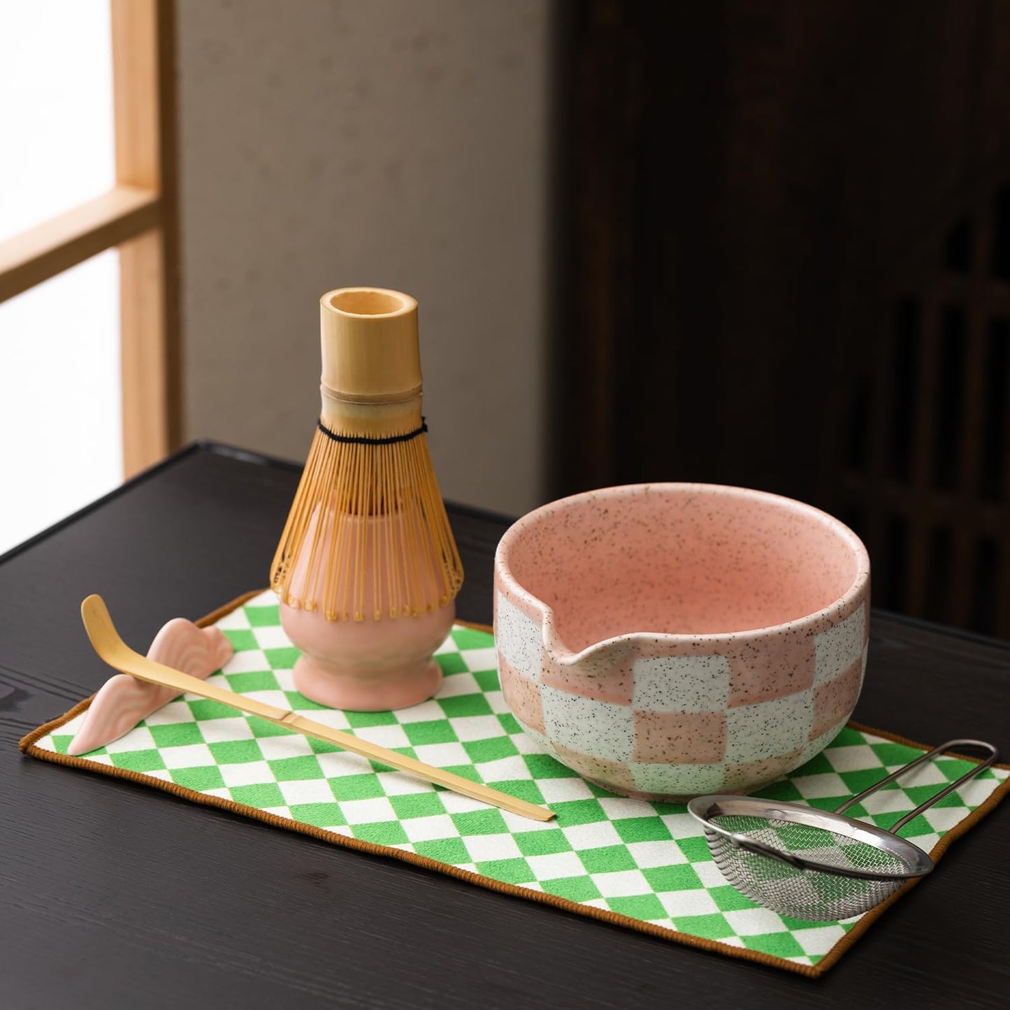 Premium 7-Piece Matcha Tea Set – Traditional Japanese Style with Elegant Grid Pattern, Includes Bamboo Whisk, Ceramic Bowl, Scoop & More – Perfect for Matcha Lovers & Tea Ceremony (Pink grid)