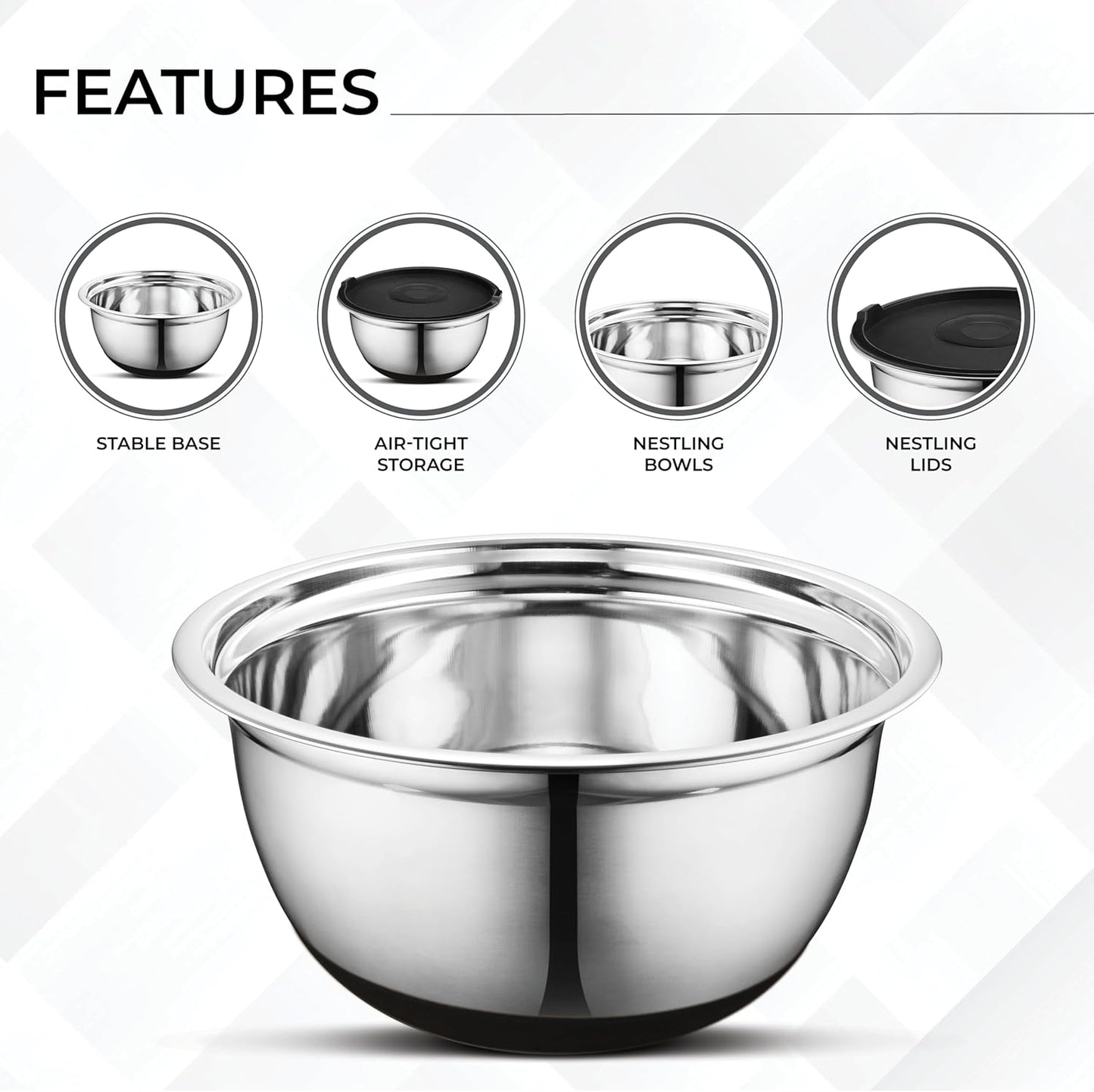 AVADOR Premium Stainless Steel Mixing Bowls Sets Brushed Stainless Steel Mixing Bowl Set, Easy To Clean, Space Saving, Great for Cooking, Baking, Prepping Needs (9 pc Anti Slip with Lid and Graters)