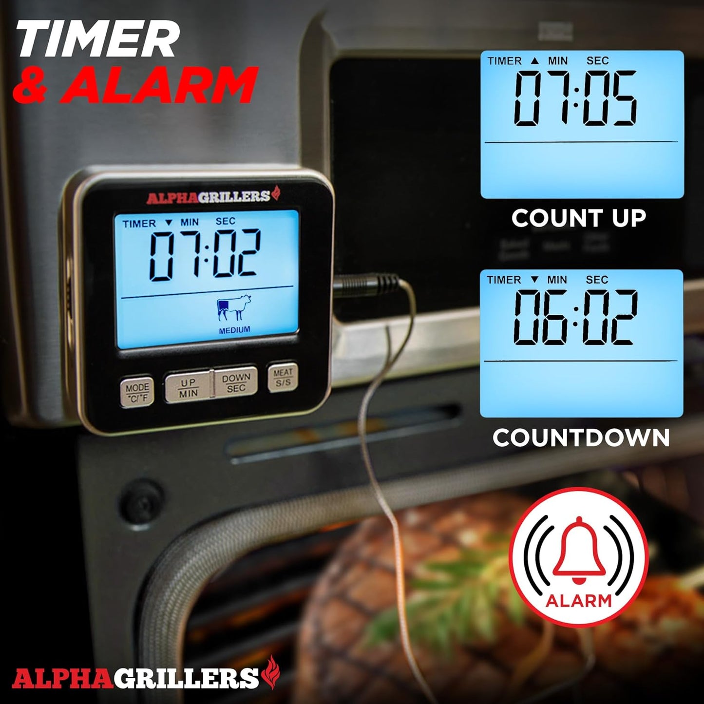 Alpha Grillers Meat Thermometer Digital for Oven - Large Display Oven Thermometer for Cooking - Leave-in BBQ Grilling Probe with 7 Presets, Timer, Alarm - Gifts for Men Him Boyfriend Husband