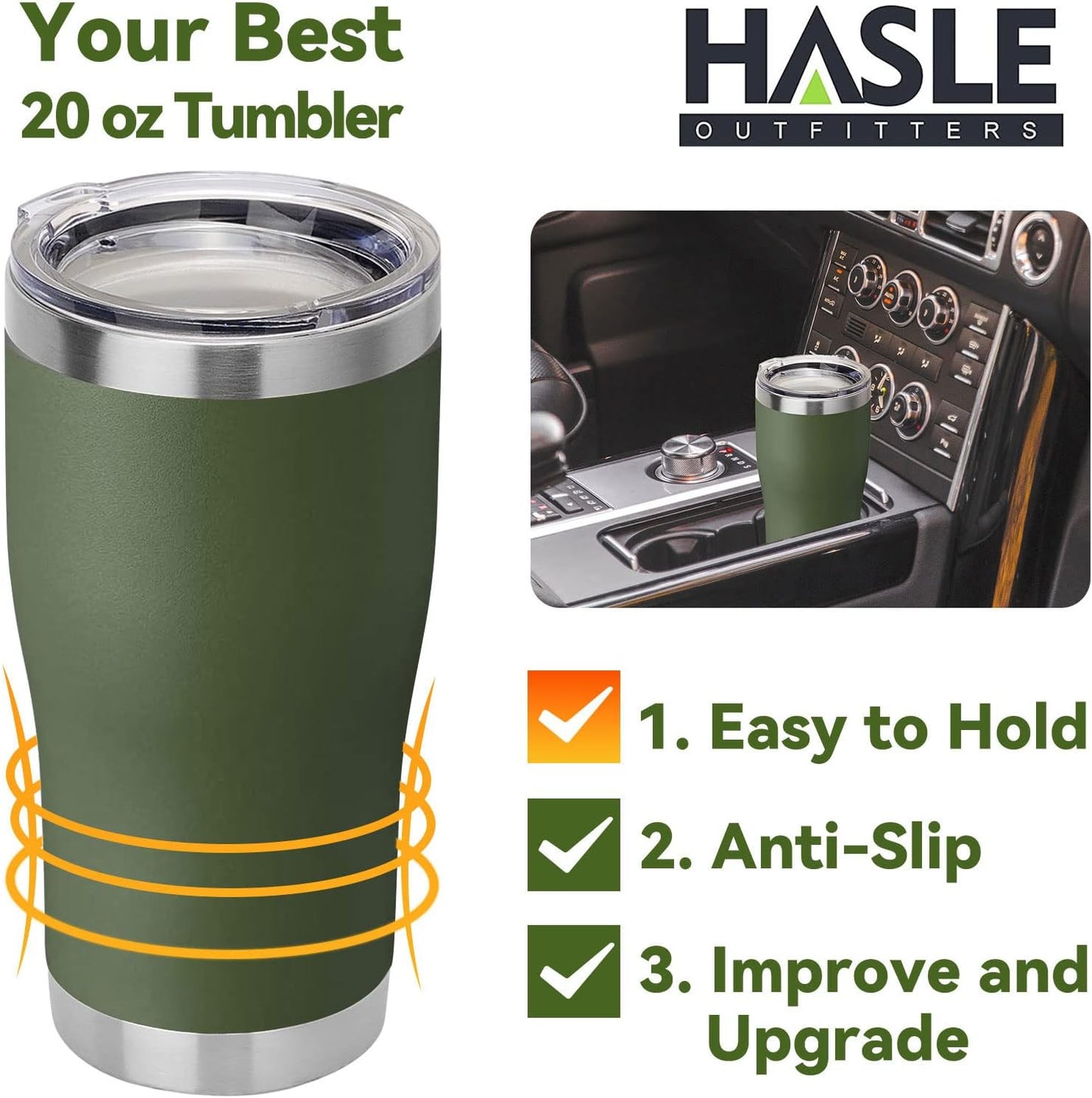 HASLE OUTFITTERS 20 oz Tumbler Bulk, Stainless Steel Tumblers with Lid, Vacuum Insulated Tumbler, Double Wall Powder Coated Cup, coffee mugs, Army Green, 1 Pack