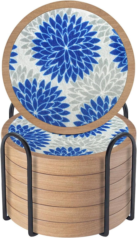 Wood Coasters Set of 6 with Holder, Cewiru Cup Mat for Drinks, Absorbent Coasters with Felt Insert for Coffee Table Protection, Modern Style Home Dining Table Decor, 4.3" Blue