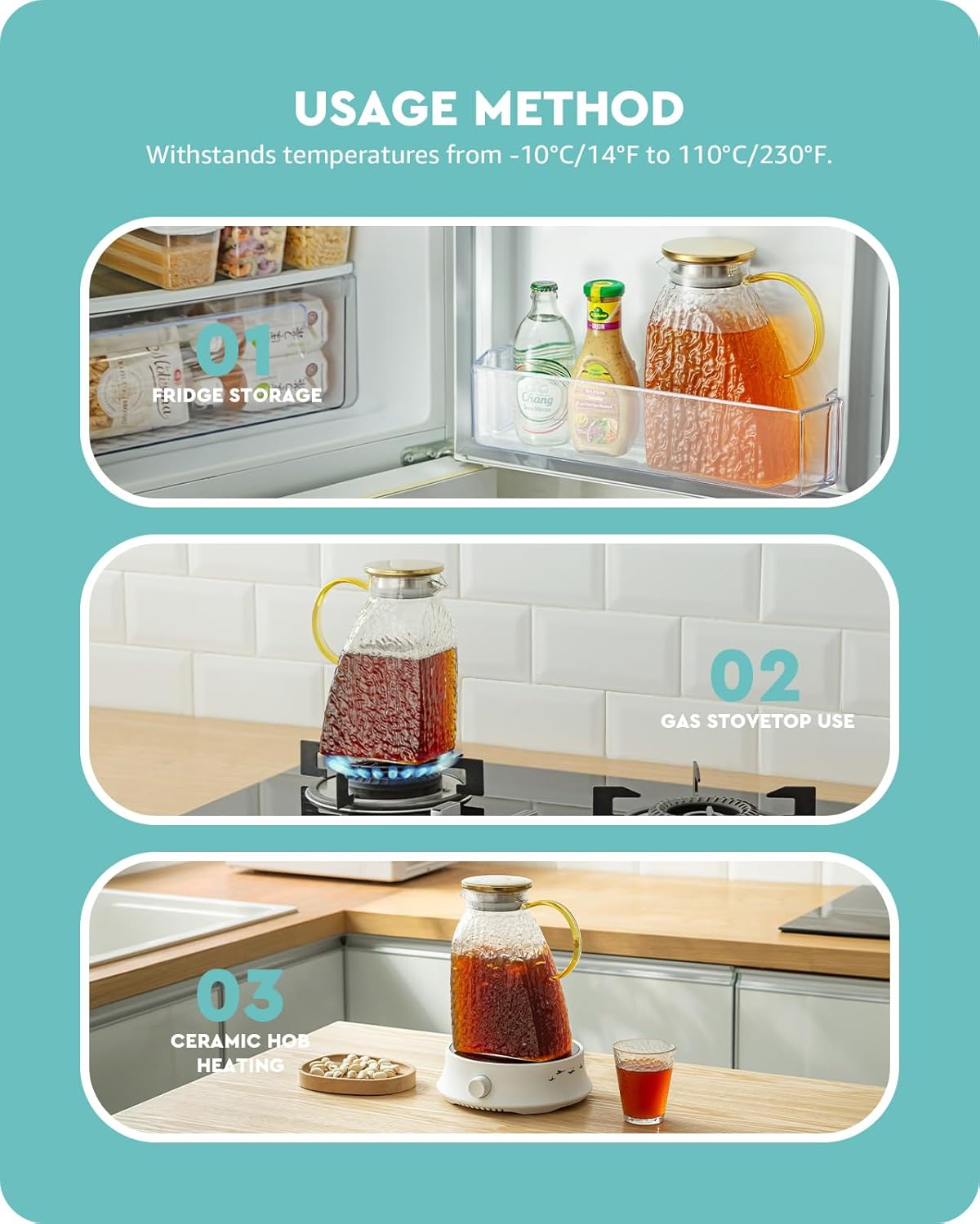 Baffect Water Pitcher, Glass Pitcher With Lid And Handle, 63 Oz / 1.8 L High Borosilicate Glass Jug For Fridge Door, Carafe For Hot/Cold Iced Tea Juice Coffee Milk Beverage （Glacier-Textured）