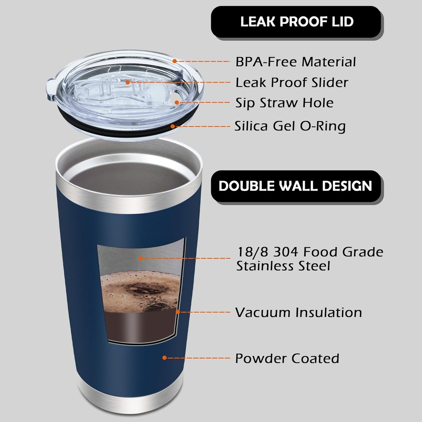 20oz Tumbler Bulk Stainless Steel Tumblers with Lid Vacuum Insulated Double Wall Travel Coffee Mug Powder Coated Tumbler Cup for Hot and Cold Drinks(Navy Blue, 12 pack)