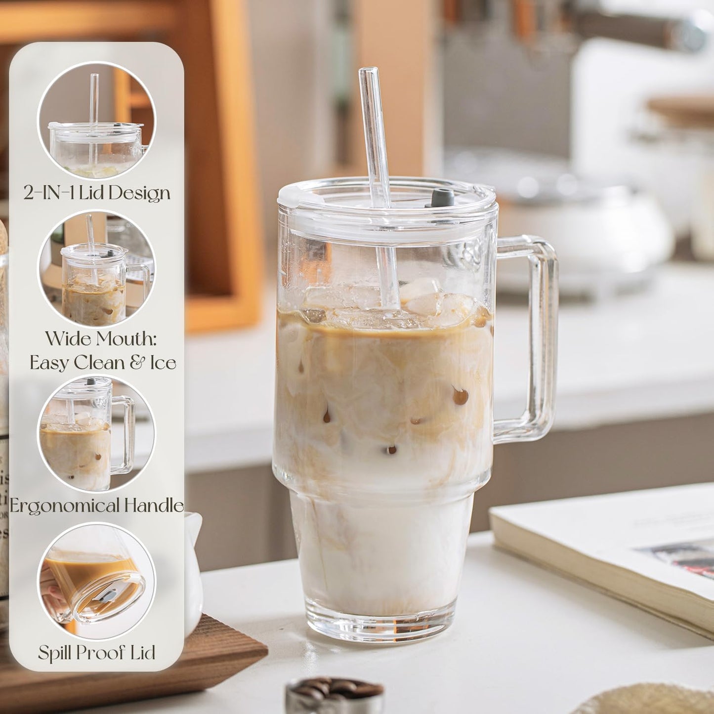 KEMORELA Glass Cups with Lids and Straws 2PCS, 24oz Clear Tumblers with Handle, Reusable Drinking Glasses for Iced Coffee, Tea, Water, Leak Proof Lid, Dishwasher Safe