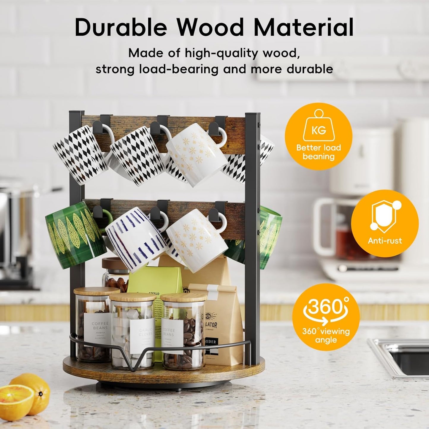KLM Wood Coffee Mug Holder,12 Hook Mug Tree Holder Rack with Storage Base,Mug Display Organizer,Mug Holders for Home Kitchen,Support 360° rotation for easy access