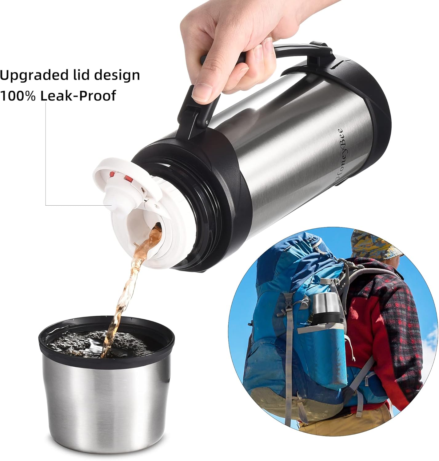 HoneyBee 41 Ounce,Vacuum Insulated Bottle,Coffee Thermos,Thermos for Hot Drinks. Twist and Pour TopThermos & Cleaning Brush. Commute, Travel, and Picnic Friendly Portable.Bpa-Free .（Silver）