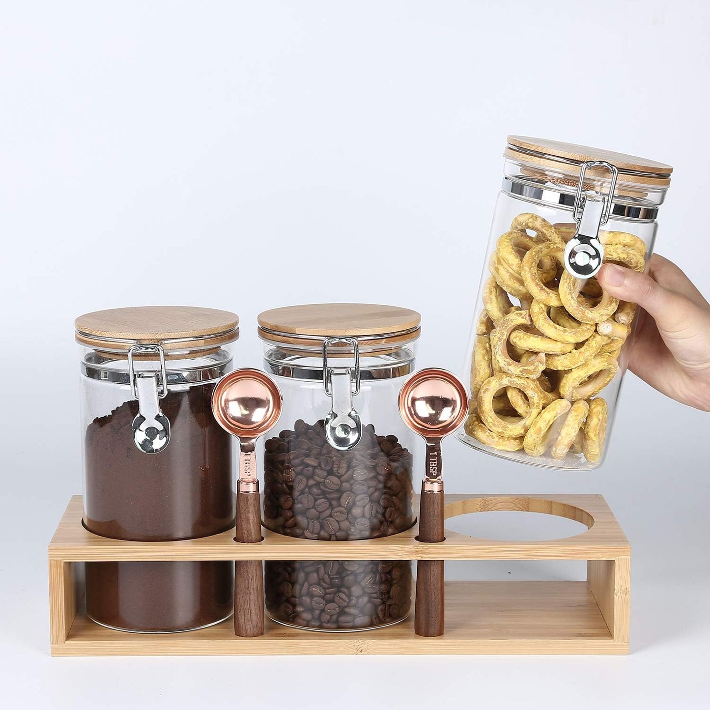 KKC Glass Airtight Coffee Bean Storage Containers for Counter,Ground Coffee Holder Jars,Airtight Glass Countertop Storage Jar Canisters with Spoon for Coffee,Loose Tea,40 Fluid-oz,Pack of 3