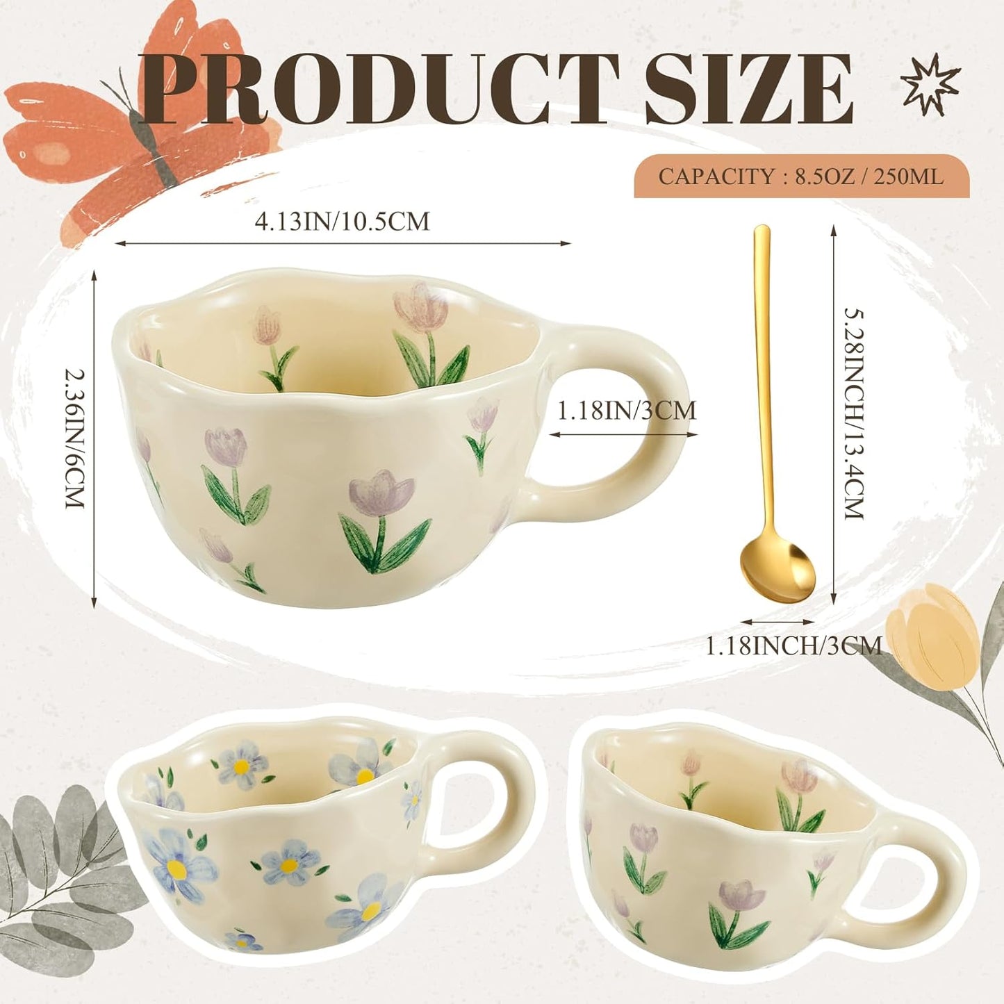 Vesici 2 Pcs Ceramic Coffee Mugs Flower Cups with Spoon Vintage Floral Mugs with Handle 8.5 oz Aesthetic Tea Porcelain Cup Gift for Valentine Office Home, Dishwasher and Microwave Safe(Vibrant)