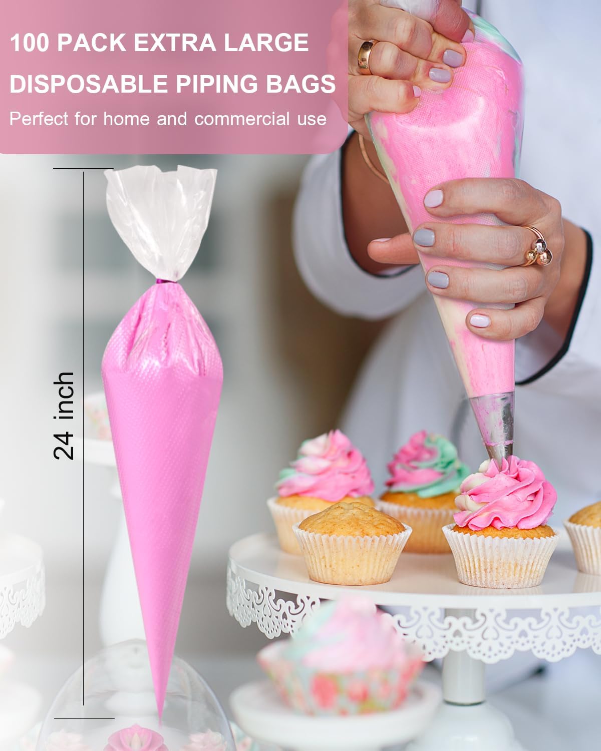 24 Inch Extra Large Piping Bags Disposable, 100 Pieces Icing Bags, Tipless Piping Bags, Thickened Pastry Bags, Non-Slip & Anti-Burst, Frosting Piping Bags for Cakes Cookies Decoration