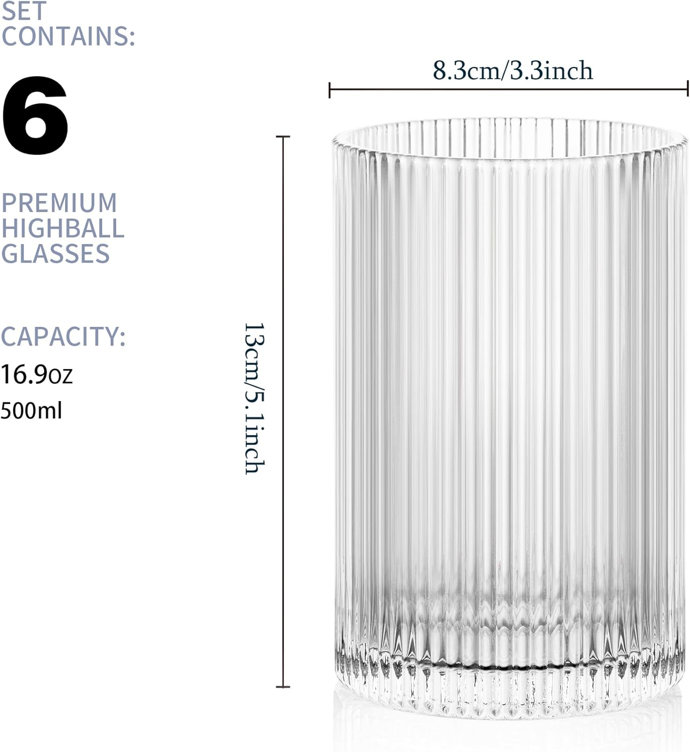 Vintage Ribbed Glassware Set: 6pcs 16.9oz XL Drinking Glasses, Fluted Ripple Drinkware, Origami Style, Elegant Glassware for Whiskey, Cocktail, Iced Coffee, Juice, Beer, Soda