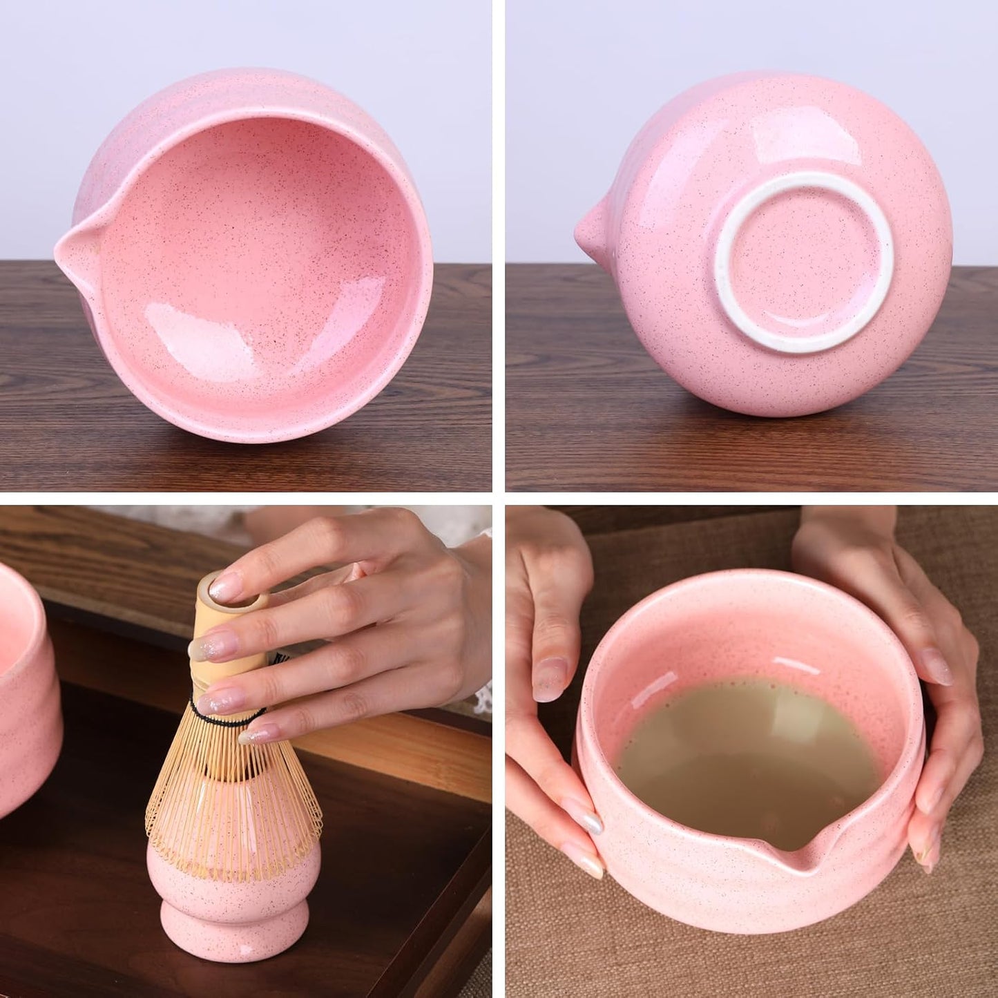 Japanese Ceramic Matcha Bowl - 16oz Speckle Glaze Chawan & Whisk Stand for Perfect Froth, Dishwasher Safe Pink