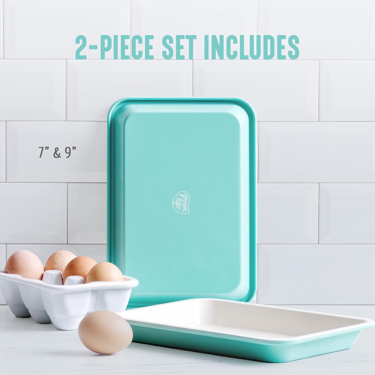 GreenLife 13" x 9" Quarter Sheet Baking Pans, 2 Piece Bakeware Set, PFAS-Free Ceramic Nonstick Rectangular Cookie Trays, Oven Safe to 450°F, Even Heating, Easy Clean Ovenware, Turquoise