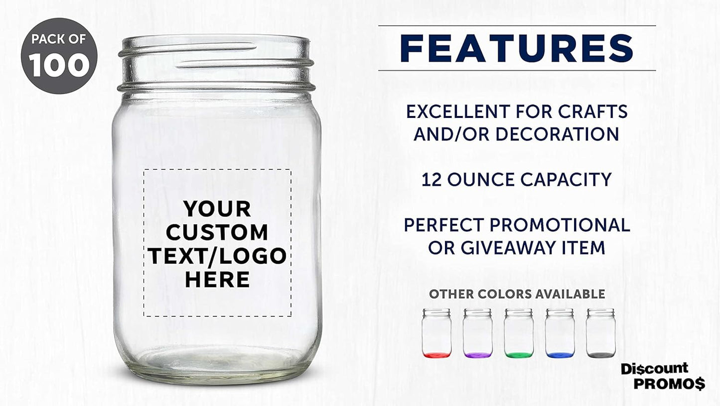 DISCOUNT PROMOS Custom Decorating Mason Jars 12 oz. Set of 100, Personalized Bulk Pack - Glass Jars for Overnight Oats, Candies, Fruits, Pickles, Spices, Beverages - Clear